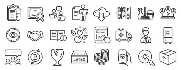Fototapeta na wymiar Set of Business icons, such as Household service, Businessman, Cloud download icons. Internet report, Coins, Meeting signs. Medical analyzes, Teamwork, Ambulance car. Package, Eye target. Vector