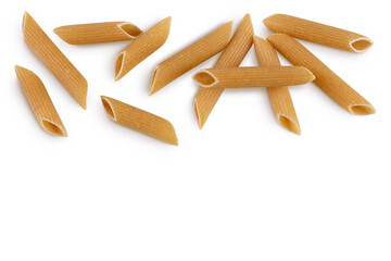 Wolegrain penne pasta from durum wheat isolated on white background with clipping path. Top view with copy space for your text. Flat lay,