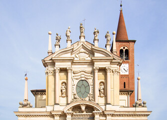 Baroque basilica San Giovanni Battista and ancient brick tower.Busto Arsizio, Italy.