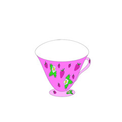 Pink cup with strawberries and strawberry flowers