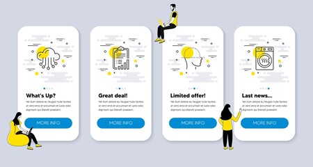 Vector Set of Technology icons related to Face scanning, Cloud storage and Checklist icons. UI phone app screens with people. Dryer machine line symbols. Vector