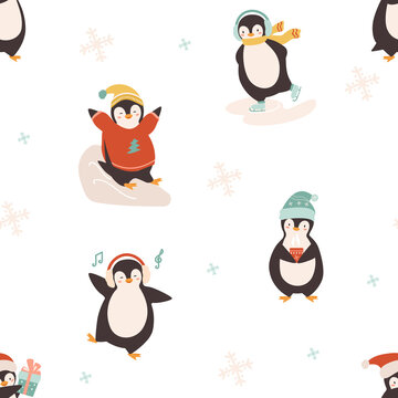 Seamless Pattern with cute Christmas penguins. Vector winter illustration in flat style