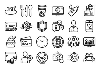 Vector set of Seo timer, Find user and Security line icons set. Calendar report, Money wallet and Credit card tag. Buying process, Human and Teamwork icons. Vector