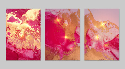 Marble set of gold, fuschia backgrounds with texture. Geode pattern with glitter. Abstract vector backdrops in fluid art alcohol ink technique. Modern paint with sparkles for banner, poster