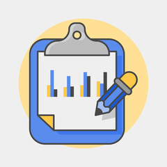 Stat bars on a sheet of paper on a clipboard with pencil. Financial analysis concept. Flat style illustration. Isolated. 