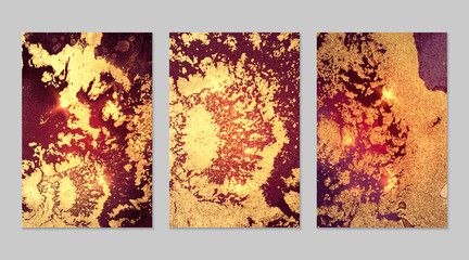 Marble set of gold and dark red backgrounds with texture. Geode pattern with glitter. Abstract vector backdrops in fluid art alcohol ink technique. Modern paint with sparkles for banner, poster