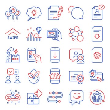 Technology icons set. Included icon as Integrity, Video conference, Electricity factory signs. Recruitment, Organic product, Star symbols. People voting, Work home, Image album. Teamwork. Vector