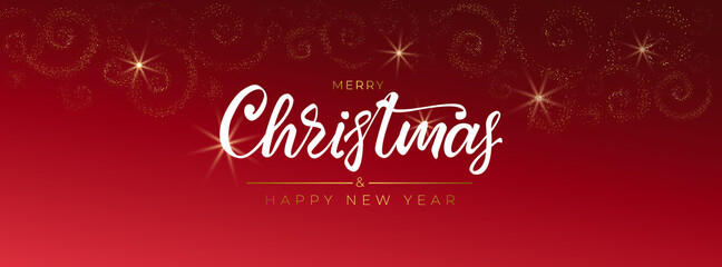 Fototapeta na wymiar Merry Christmas and Happy New Year 2022. Greeting card with hand drawn lettering, gold glittering spirals pattern on red background. For social network cover. Vector illustration.