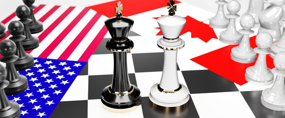 USA and Canada conflict, clash, crisis and debate between those two countries that aims at a trade deal and dominance symbolized by a chess game with national flags, 3d illustration