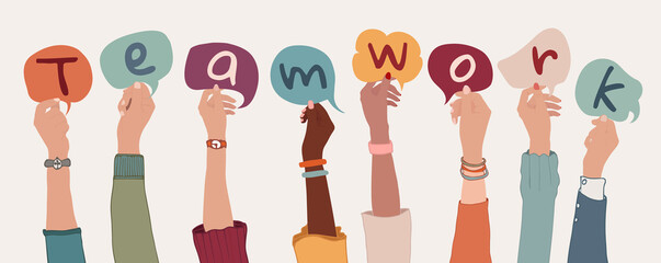 Group of arms and raised hands of diverse people holding a speech bubble with letters inside forming the text -Teamwork- Collaboration between colleagues or co-workers. Community. Banner