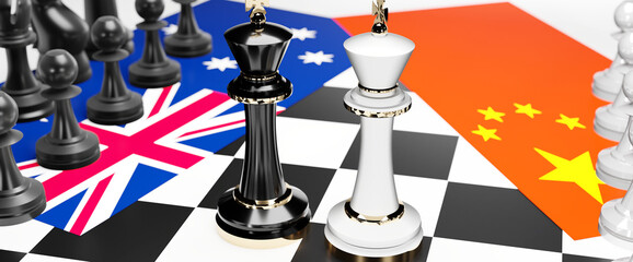 Australia and China conflict, clash, crisis and debate between those two countries that aims at a trade deal and dominance symbolized by a chess game with national flags, 3d illustration