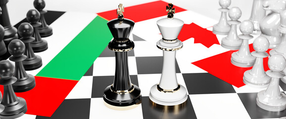 United Arab Emirates and Canada conflict, clash, crisis and debate between those two countries that aims at a trade deal and dominance symbolized by a chess game with national flags, 3d illustration