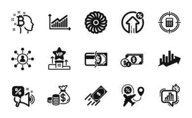 Vector set of Bitcoin think, Fast payment and Fan engine icons simple set. Coins bag, Flight sale and Loan percent icons. Calculator target, Growth chart and Discounts offer signs. Vector