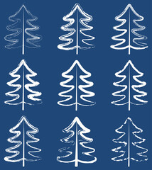 Vector textured contour drawings of set various abstract christmas trees