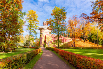 Ruin Tower in Catherine park in autumn, Tsarskoe Selo (Pushkin), St. Petersburg, Russia