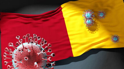 Covid in Rome - coronavirus attacking a city flag of Rome as a symbol of a fight and struggle with the virus pandemic in this city, 3d illustration