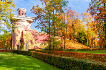 Ruin Tower in Catherine park in autumn, Tsarskoe Selo (Pushkin), St. Petersburg, Russia