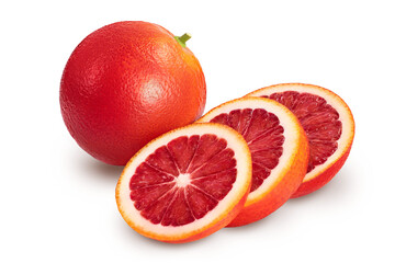 Blood red oranges with slices isolated on white background with clipping path and full depth of...