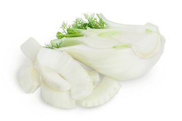 fresh fennel bulb half with slices isolated on white background with clipping path and full depth of field
