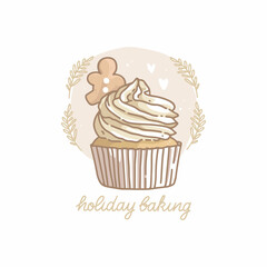 Cupcake with cream and gingerbread. Abstract background, dots, hearts, and twigs. Handwritten lettering 
