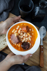 
Fabada, a plate of food with legumes typical of Spain. Stewed white beans