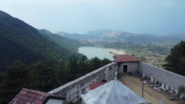Aerial panoramic view of a lake on a mountainside - Letino - Caserta - Italy