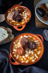
Fabada, a plate of food with legumes typical of Spain. Stewed white beans