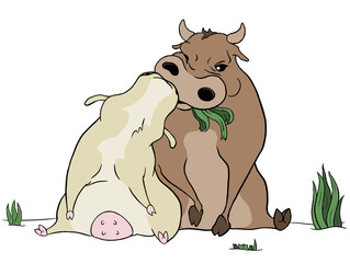 Couple of cute cow and bull in love embracing