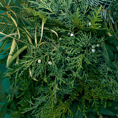 Top view of Christmas composition on green background. Holiday greeting card.