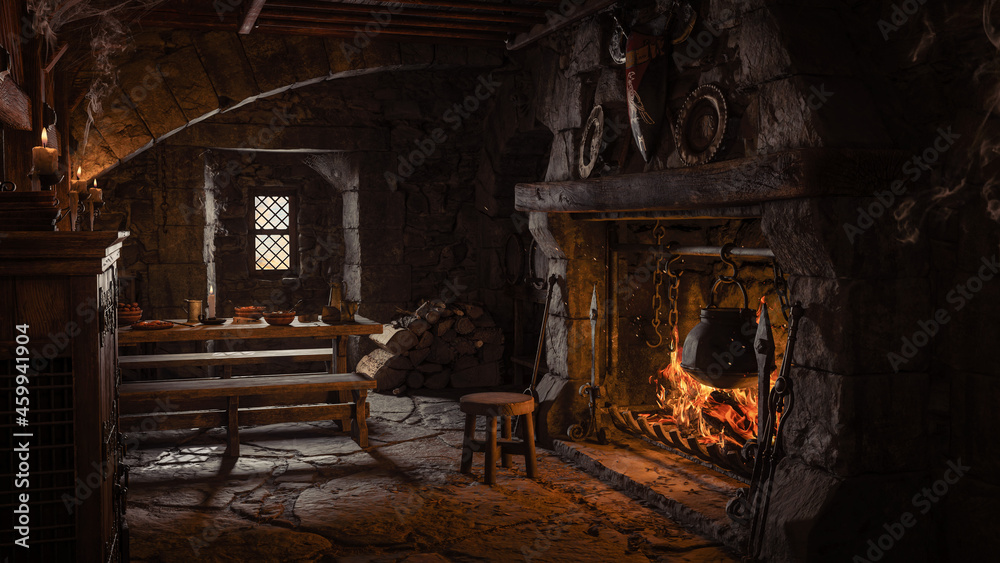 Leinwandbilder 3d rendering of a medieval tavern inn bar with large open fireplace and cooking pot on the fire.