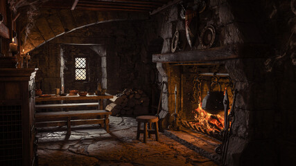 Fototapeta 3D rendering of a medieval tavern inn bar with large open fireplace and cooking pot on the fire. obraz