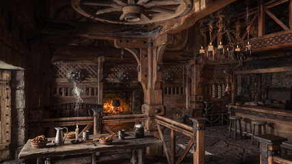 3D rendering of a medieval tavern inn interior with a table of food and drink, lit by daylight from a window, and an open fireplace in the background. - obrazy, fototapety, plakaty