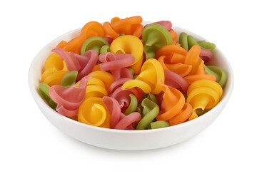 Raw colored pasta in ceramic bowl isolated on white background with clipping path and full depth of field