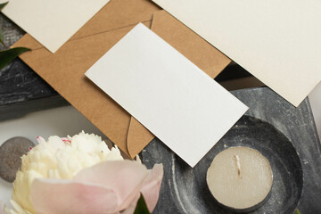 set of invitation wedding cards with peonies and marble
