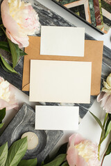 set of invitation wedding cards with peonies and marble