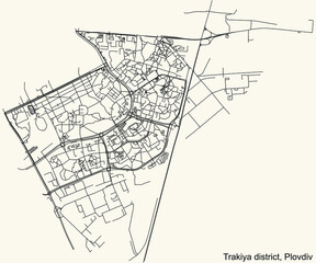 Detailed navigation urban street roads map on vintage beige background of the quarter Trakiya district of the Bulgarian regional capital city of Plovdiv, Bulgaria