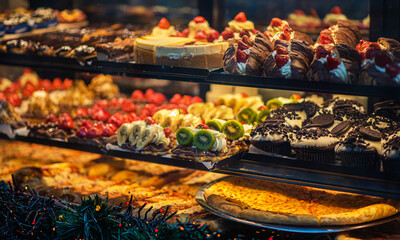 Window shopping on traditional Christmas market in Maastricht, Netherlands. Buying candy, pastry...