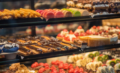 Window shopping on traditional Christmas market in Maastricht, Netherlands. Buying candy, pastry and cake. Choosing cake in bakery.