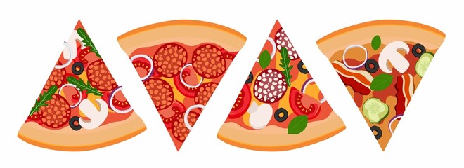 A slice of pizza set of 4 pieces with salami onions tomatoes and olives. Vector illustration. A concept for stickers, posters, postcards, websites and mobile applications.