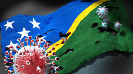 Covid in Solomon Islands - coronavirus attacking a national flag of Solomon Islands as a symbol of a fight and struggle with the virus pandemic in this country, 3d illustration
