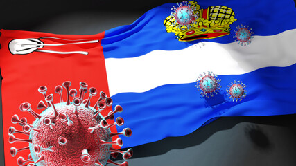 Covid in Kaluga - coronavirus attacking a city flag of Kaluga as a symbol of a fight and struggle with the virus pandemic in this city, 3d illustration