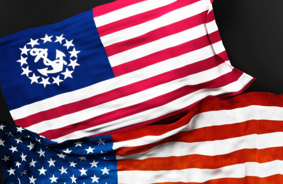 Flag of United States yacht along with a flag of the United States of America as a symbol of a connection between them, 3d illustration