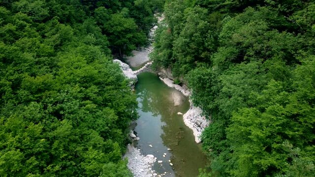 Aerial view of a lake crossed by a stone bridge and surrounded by forest - Forre di Lavello - Benevento - Italy