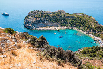 Anthony Quinn Bay in Faliraki on Rhodes Island, Greece. Top view - obrazy, fototapety, plakaty