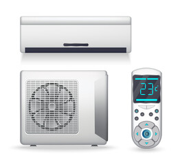 Fototapeta premium Air conditioner system - realistic set with cooling or heating equipment. Electronic appliance or device to clean, freshen and circulate air. Color indoor and outdoor units. Icon on white background
