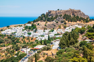 View of the white town of Lindos on Rhodes, Greece
