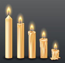 Burning candles with dripping or flowing wax. Yellow candles with golden flame. Lit and melted wax. Arranged from tall to low. Illustration of beautiful glowing candles on dark background