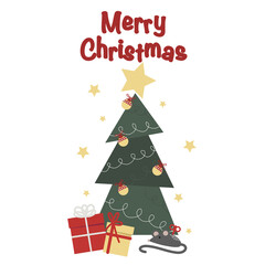 Vector greeting card with christmas tree with gifts, stars and tevt Merry Christmas isolated on white background for cute postcard, logo, invitation