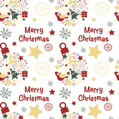 Vector seamless pattern with christmas trees, christmas balls, stars, snowflakes and text Merry Christmas in Scandinavian style for fabrics, paper, textile, gift wrap isolated on white background