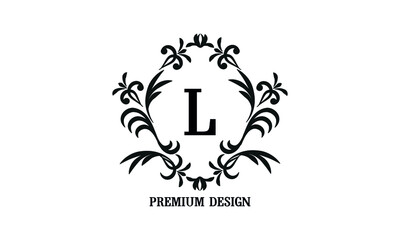 Exquisite company brand sign with letter L. Black and white logo for cafe, bar, restaurant, invitation, wedding. Business style.